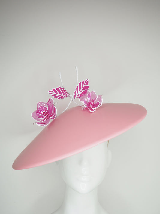 Pastel with a pop - Baby pink and white leather Coolie brim with shades of pink crystoform rose