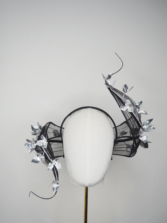 Twilight blossom - Sculptural wire pleated crinoline swirl headband with silver floral accent