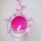 Butterfly Mirage Percher - Hot pink percher disc with tubular crinoline swirl peekaboo and cascading glitter butterflies