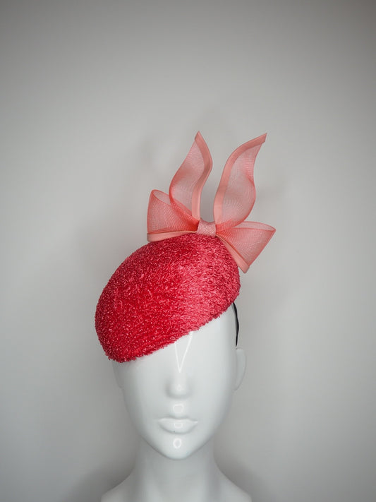 Watermelon Sugar- Watermelon coloured vintage straw cloth beret with leather edged flamingo pink crinoline bow.