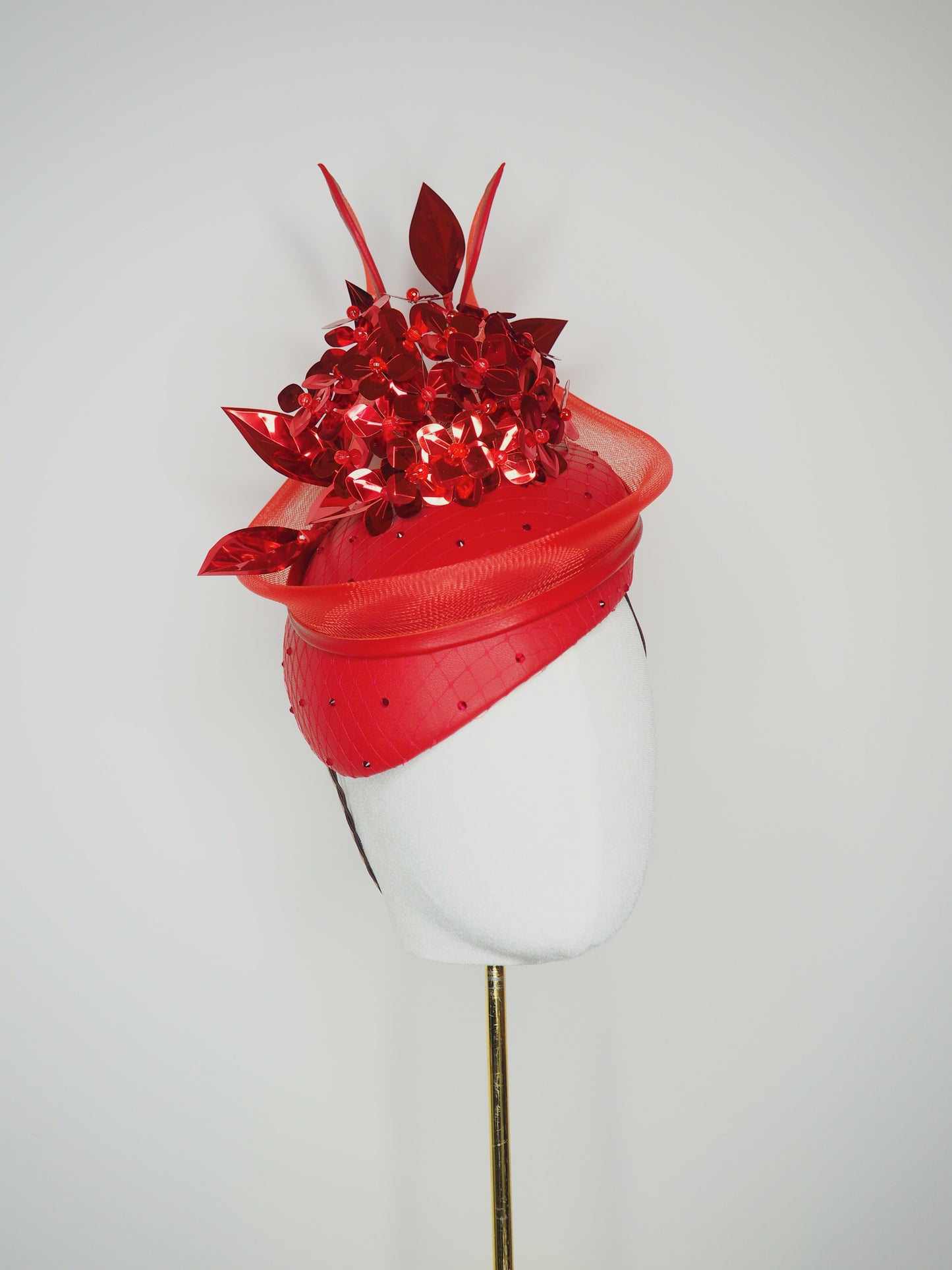 Ready or not - Red leather beret with crystals, crin swirl and metallic hydrangea