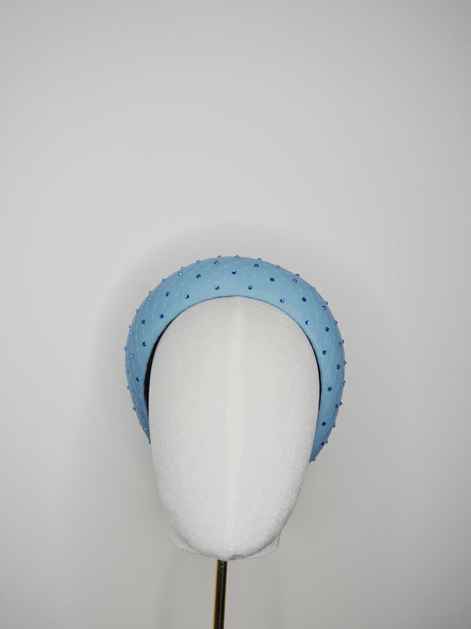 Mia - Sparkle - baby Blue leather 3d blocked headband with veil and crystal detail