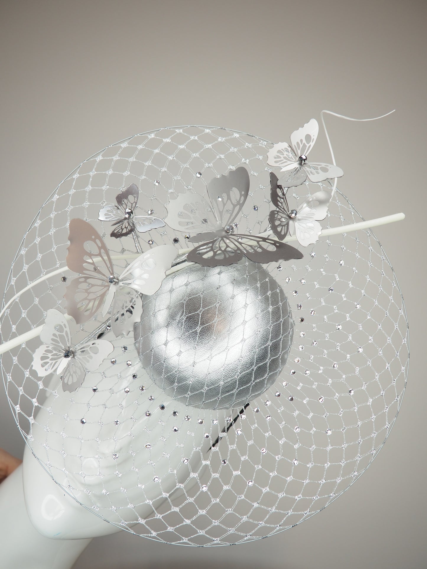 Taking Flight - Silver leather veiled percher with crystoform butterflies