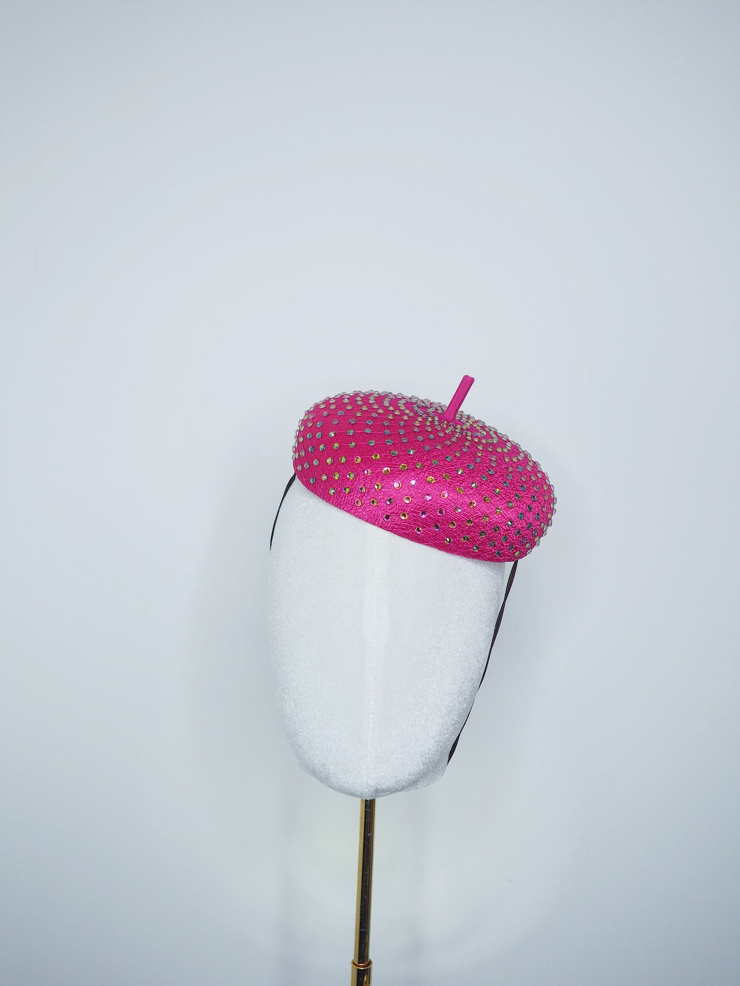 Glitz and Glam Extra - Fuchsia Fabric Button beret  with full Rainbow crystal embellishment