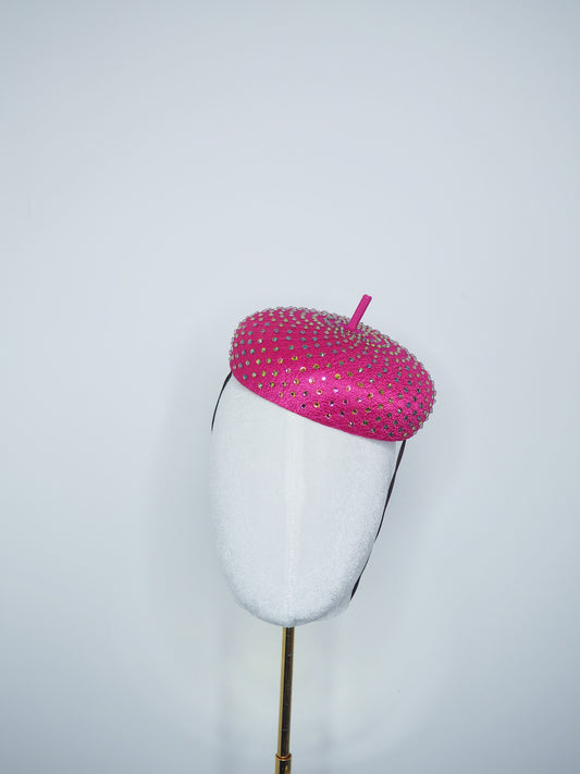 Glitz and Glam Extra - Fuchsia Fabric Button beret  with full Rainbow crystal embellishment