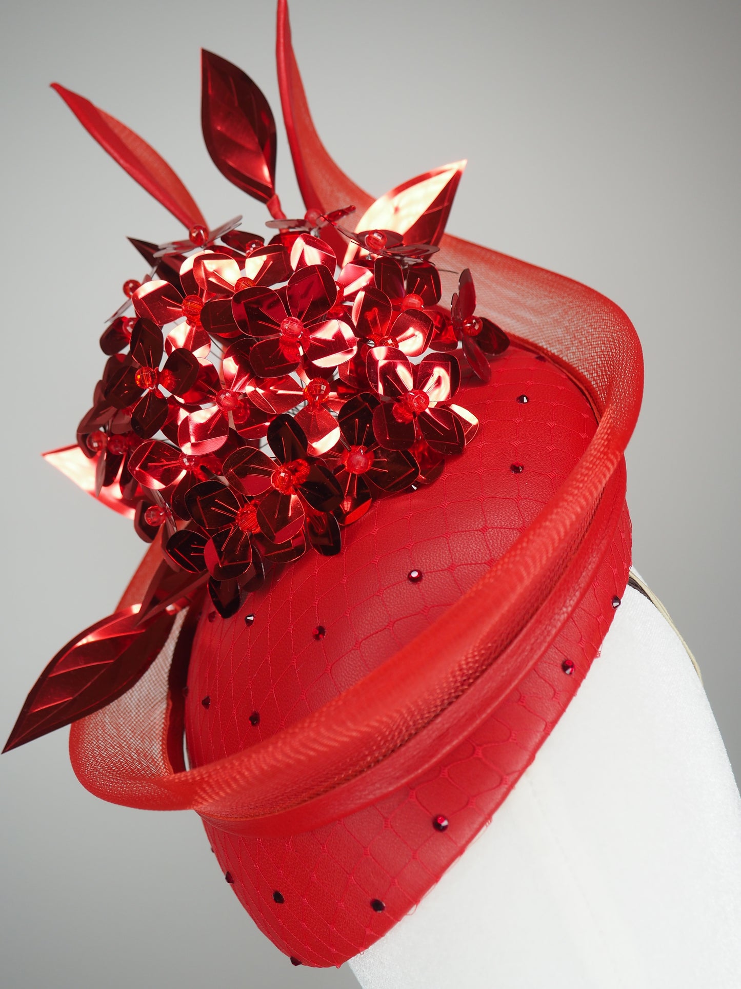 Ready or not - Red leather beret with crystals, crin swirl and metallic hydrangea