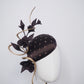 Cocoa Latte - Petite chocolate brown silk facehugger with vintage veil and rose gold crystal detail, sculpted wired swirl, and vintage straw roses