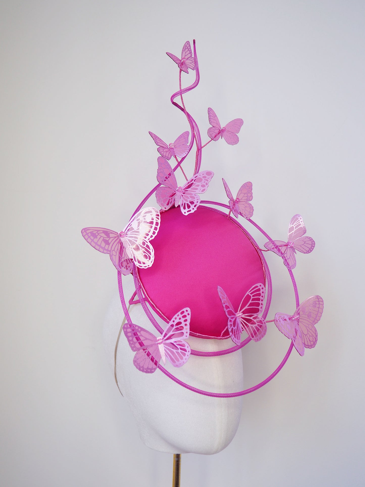 Butterfly Mirage Percher - Hot pink percher disc with tubular crinoline swirl peekaboo and cascading glitter butterflies