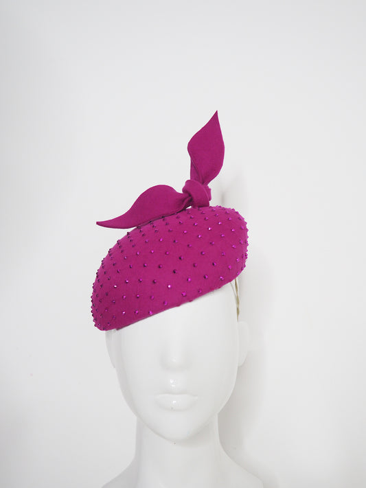 Magenta mischief - wool felt Magenta facehugger beret with hand dyed veil and magenta crystals
