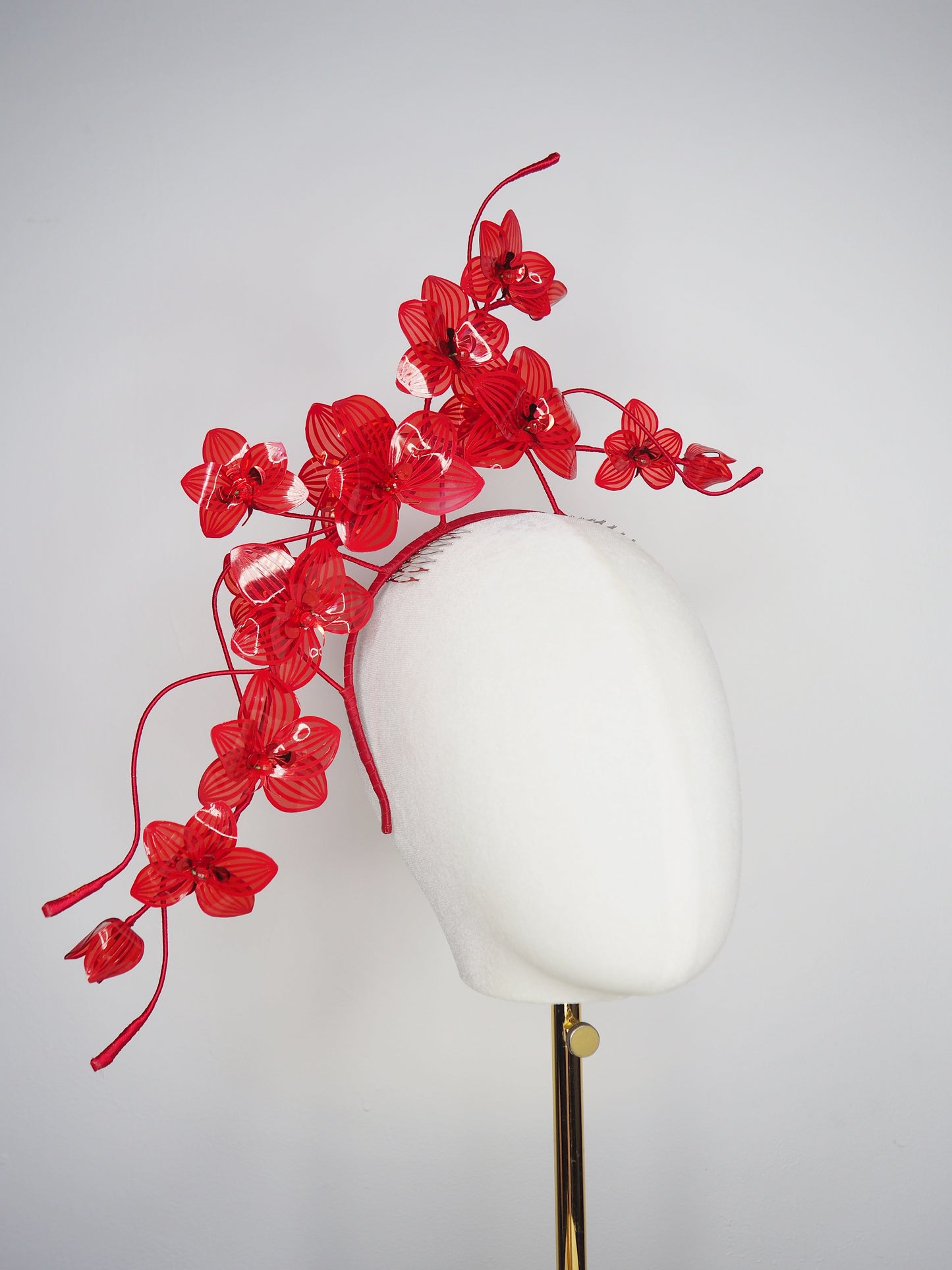 Scarlet Bloom -A dramatic floating orchid headband with sculptural wirework and handcrafted crimson blooms.