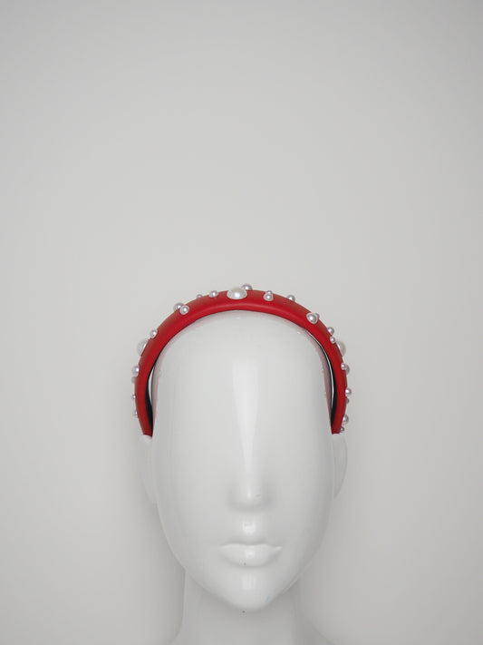 Zoe Pearl  - Red - Leather padded headband with pearl detial