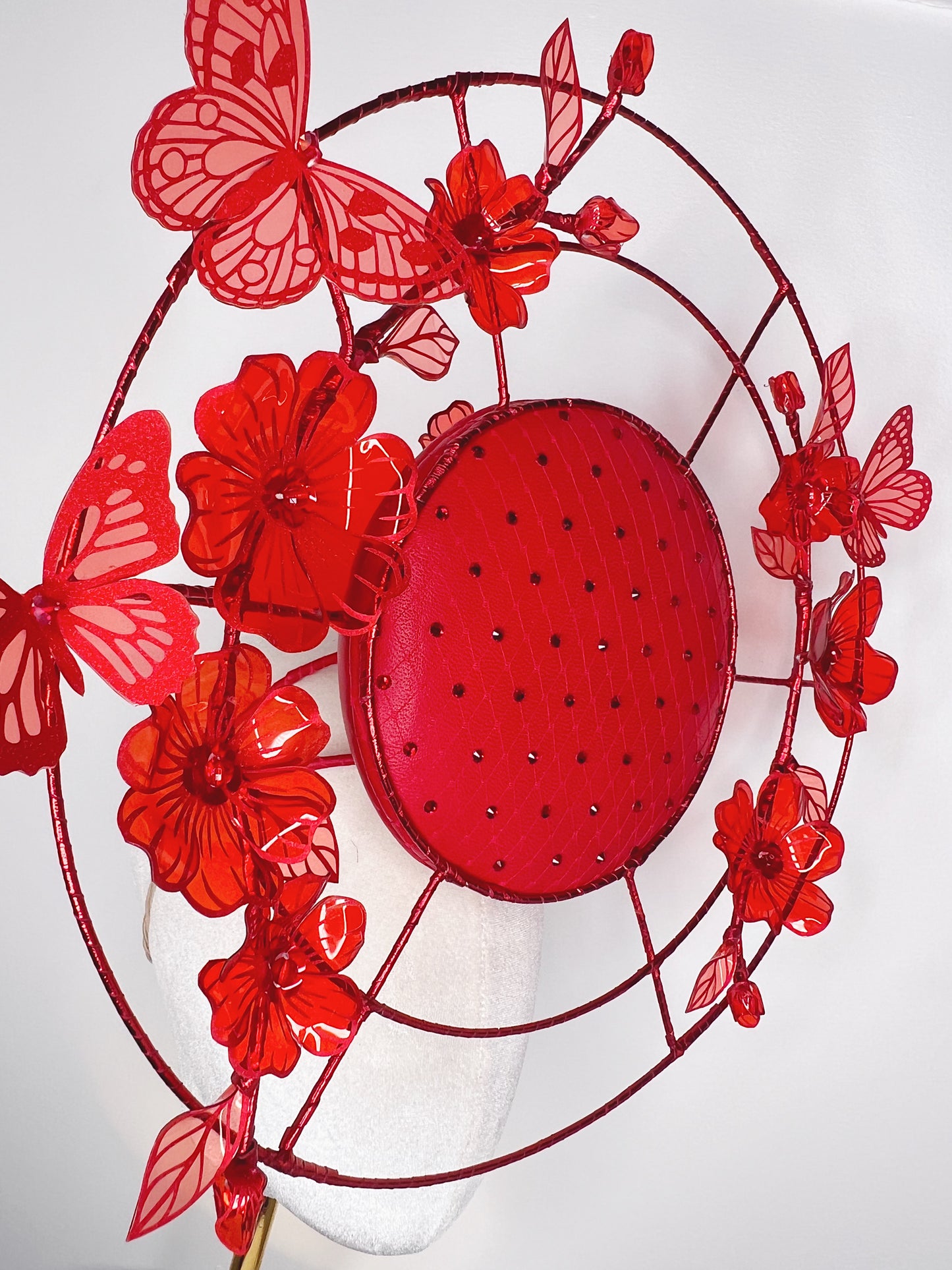 Crimson Dream - Red leather percher with wirework, cyrstald and crystofrom flower detail