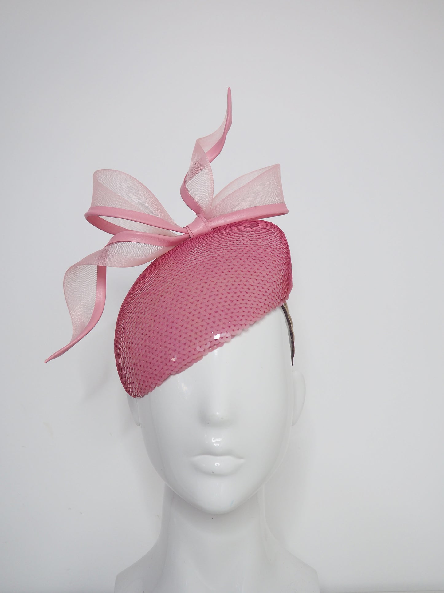Dusty Rose- Dusty rose hand dyed sequin face hugger beret with pink leather edged crinoline bow.