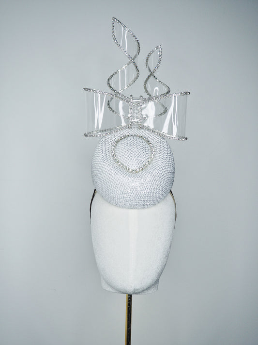 Bow & Grace - white and silver lurex Pork pie pillbox with embellihed crystoform bow