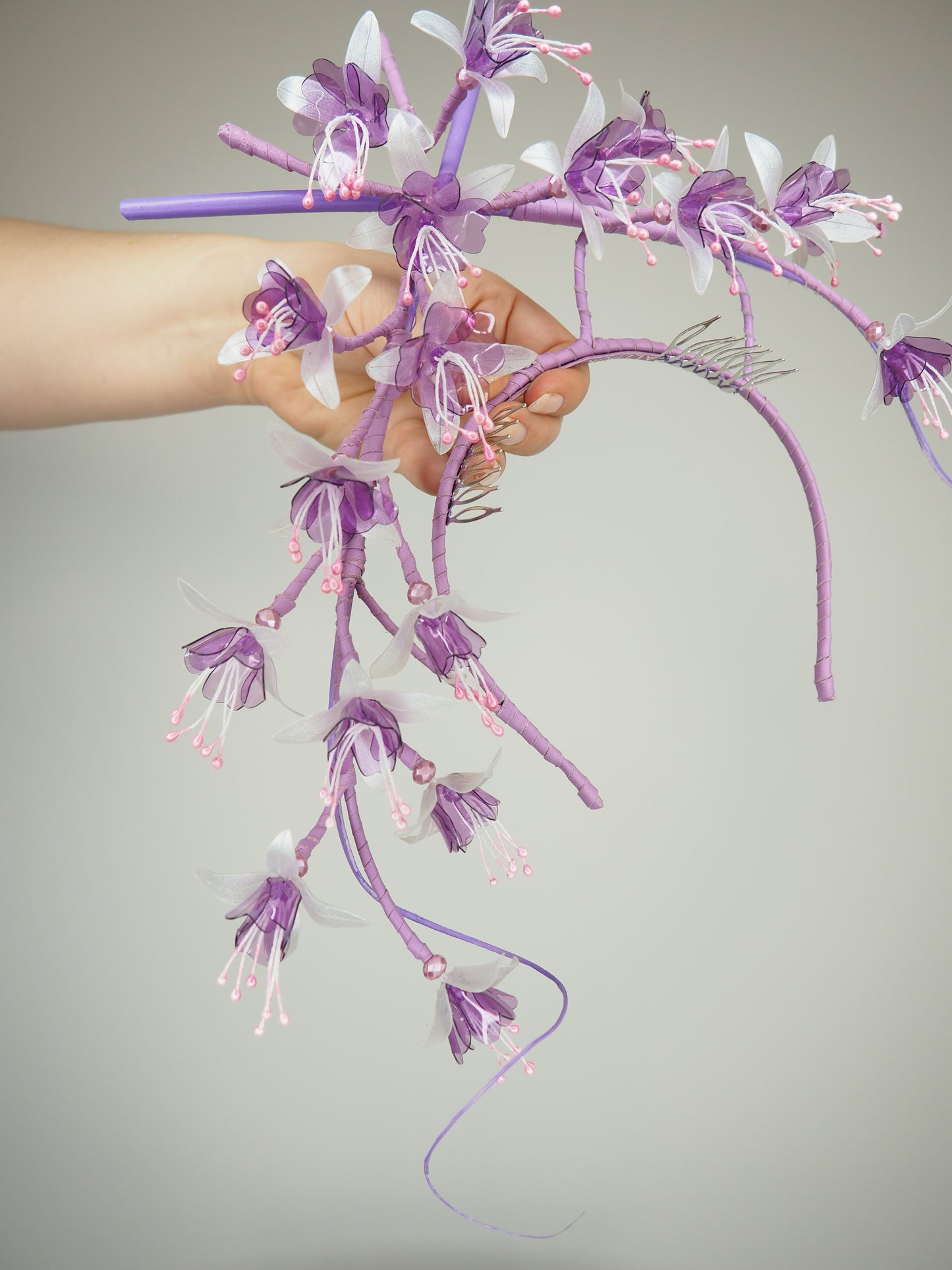Purple Reign - Lilac and pink headband with a cascading array of fuschia flowers in subtle lilac, pink and oppalescent white