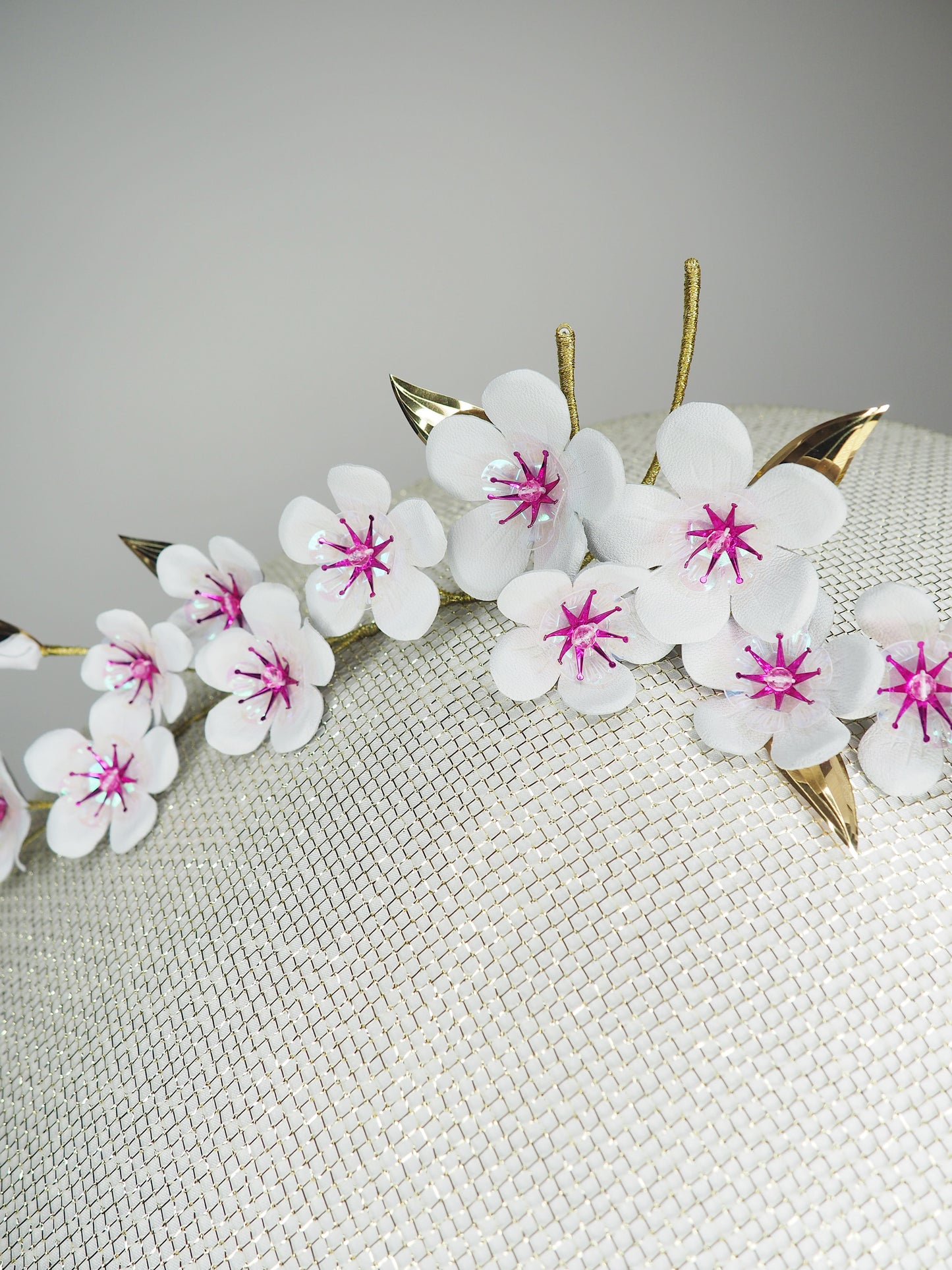 Cherry blossom  - Pale gold and white Coolie Brim with cherry blossom branch and a touch of pink