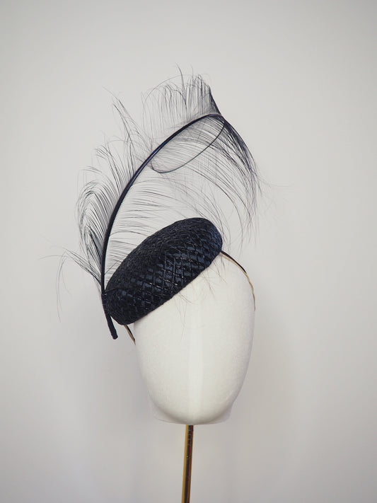 Midnight Ember - Vintage navy straw button headpiece with leather wrapped curled burnt ostrich feather