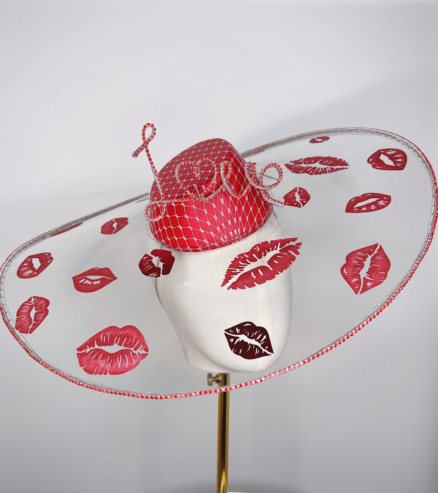 All you need is Love...And Kisses - Asymetric crystoform hat in red and Silver