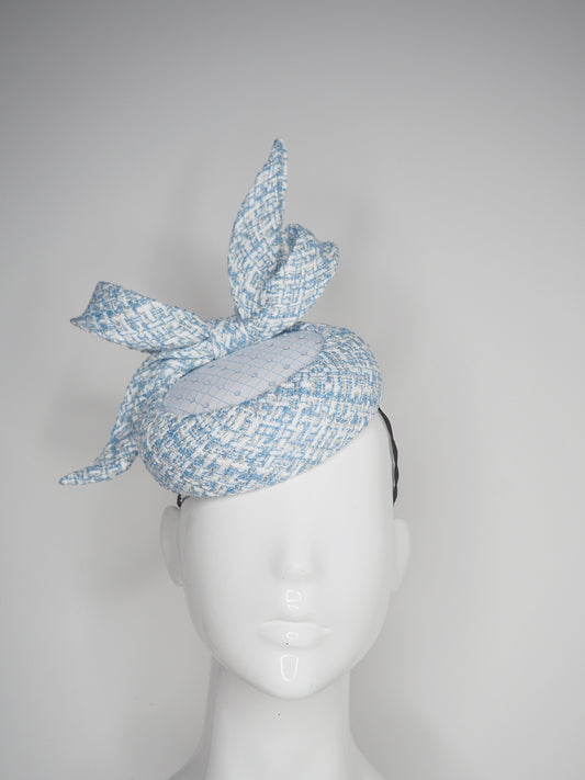 Blue Belle - Blue tweed button base with wired tweed bow and crystal veil