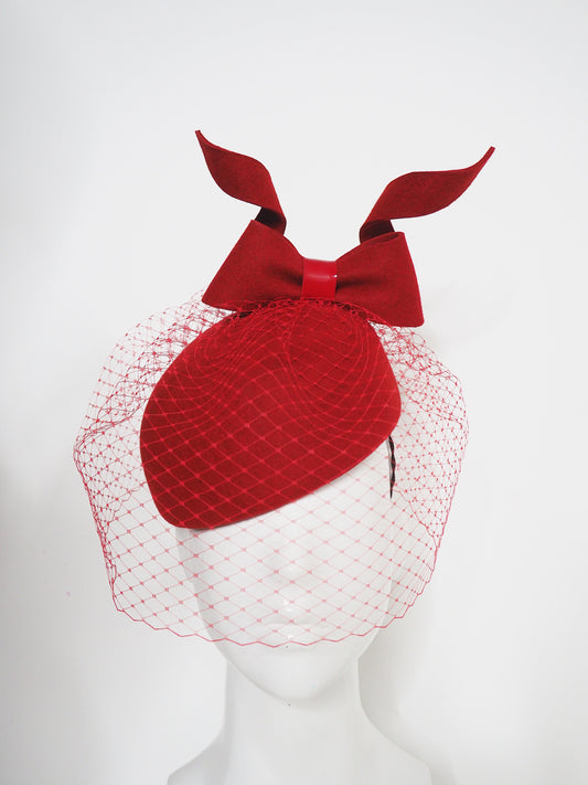 Red velvet - Deep red fur felt large beret with windswept bow, veil and patent leather centre