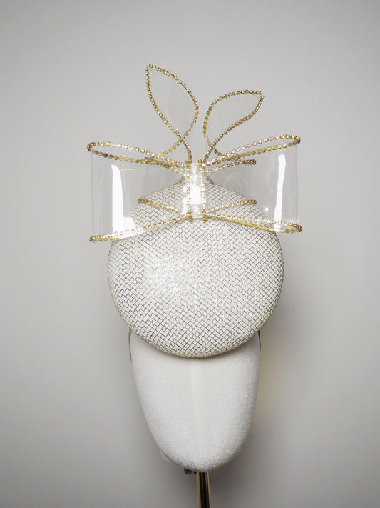 Midas Touch - White and gold percher button with crystal embellished crystoform bow