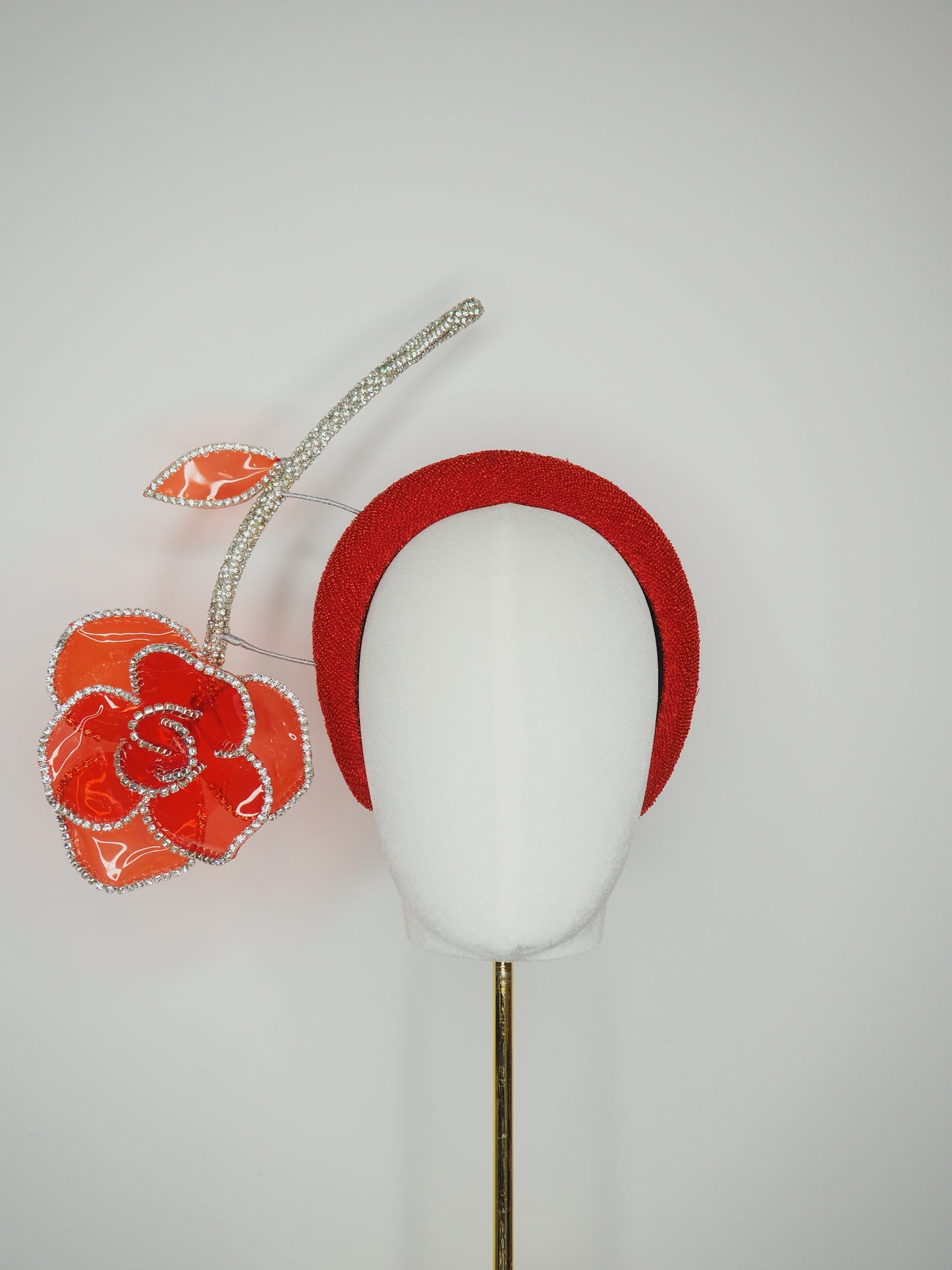 Red Rose Razzle Dazzle - Red vintage cloth 3d headband with red crystoform crystal encrusted floating rose