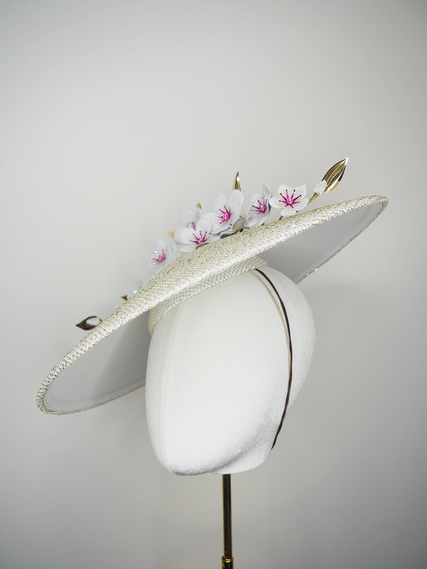 Cherry blossom  - Pale gold and white Coolie Brim with cherry blossom branch and a touch of pink