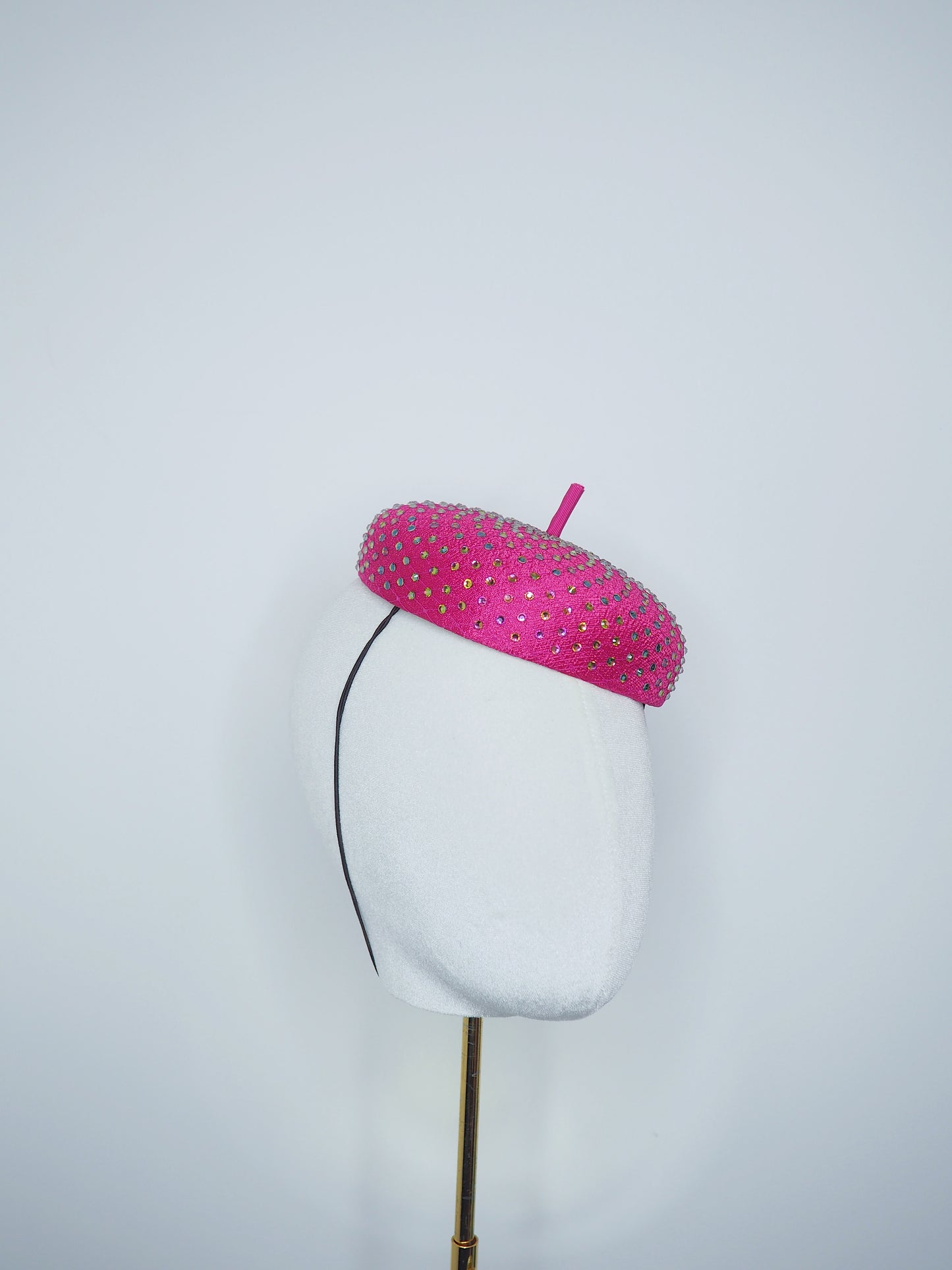 Glitz and Glam Extra - Fuchsia Fabric Button beret  with full Rainbow crystal embellishment