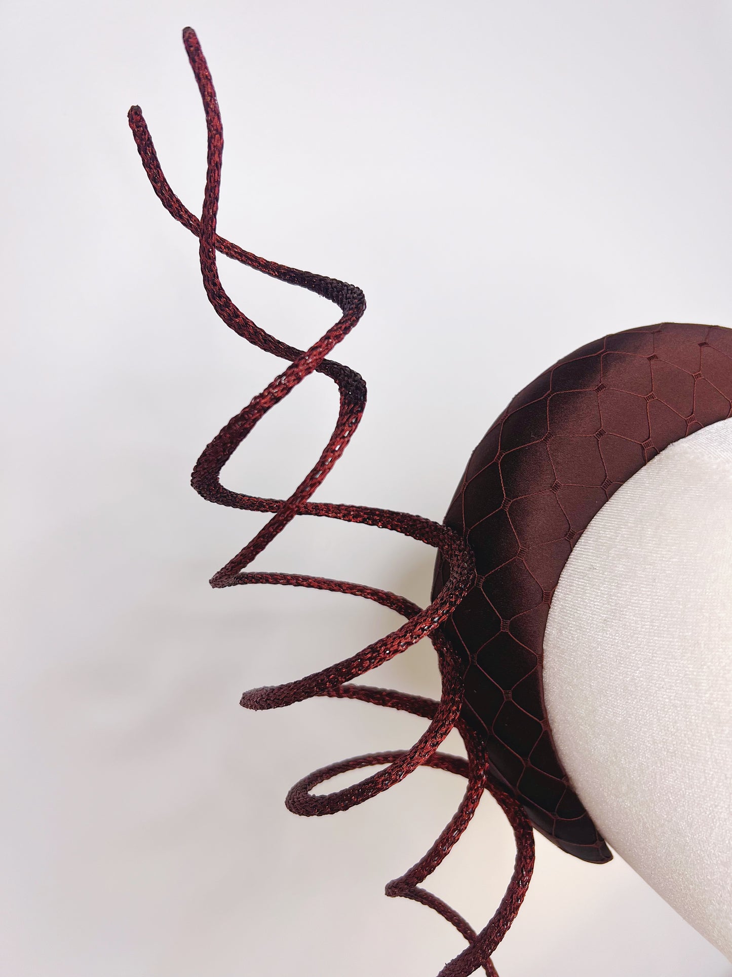 Chocolate swirl - Chocolate silk satin 3d headband with wired swirl and veil detail