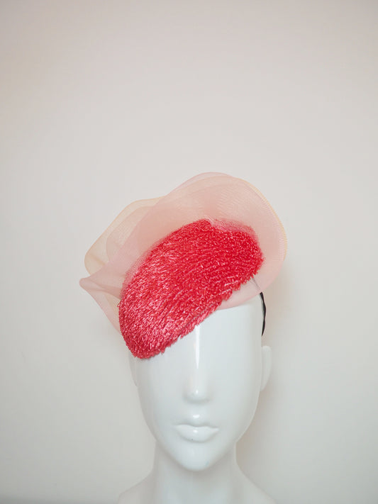 Pink Coral - Vintage raffia watermelon pink straw with pink and peach ruffle crinoline detail on a face hugger base.