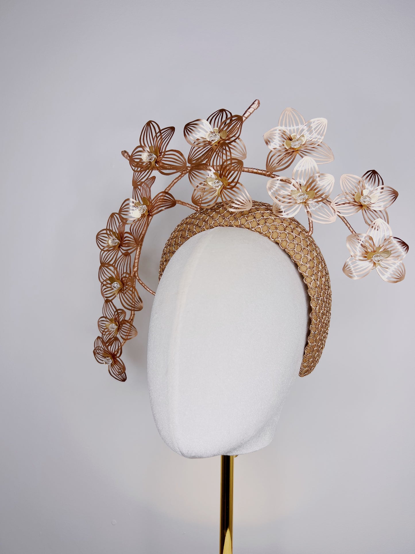 Rose Gold Glory -  Rose gold and gold 3d headband with crystoform orchid cascade