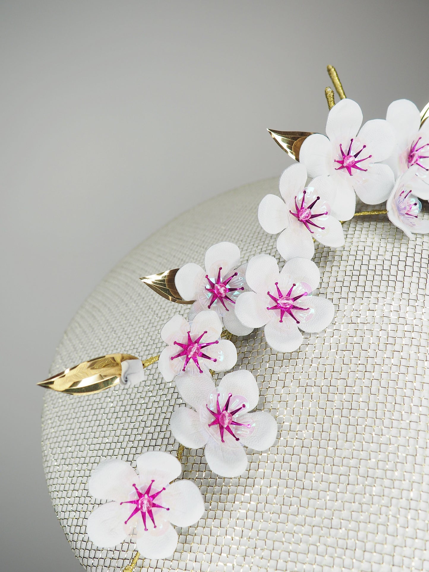 Cherry blossom  - Pale gold and white Coolie Brim with cherry blossom branch and a touch of pink