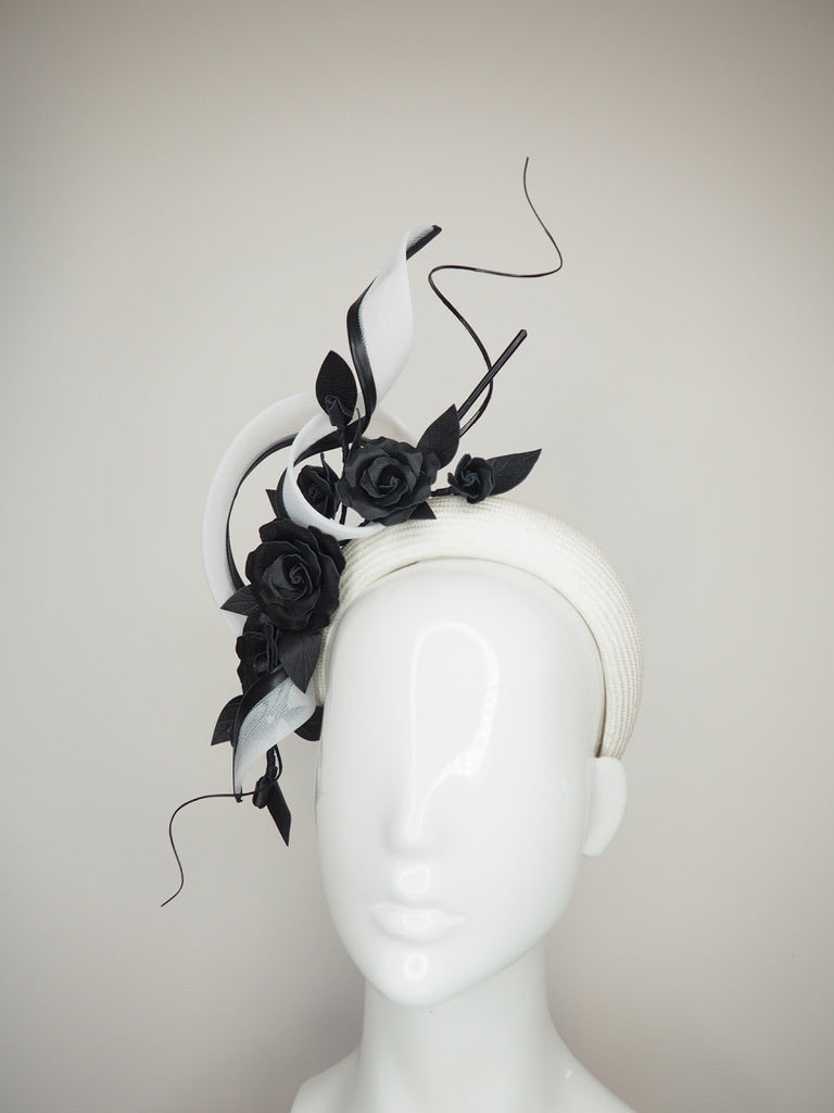 Ace of Spades - White parisisal 3D headband with leather edged crinoline swirl ,black leather flower vine and quill embellishment
