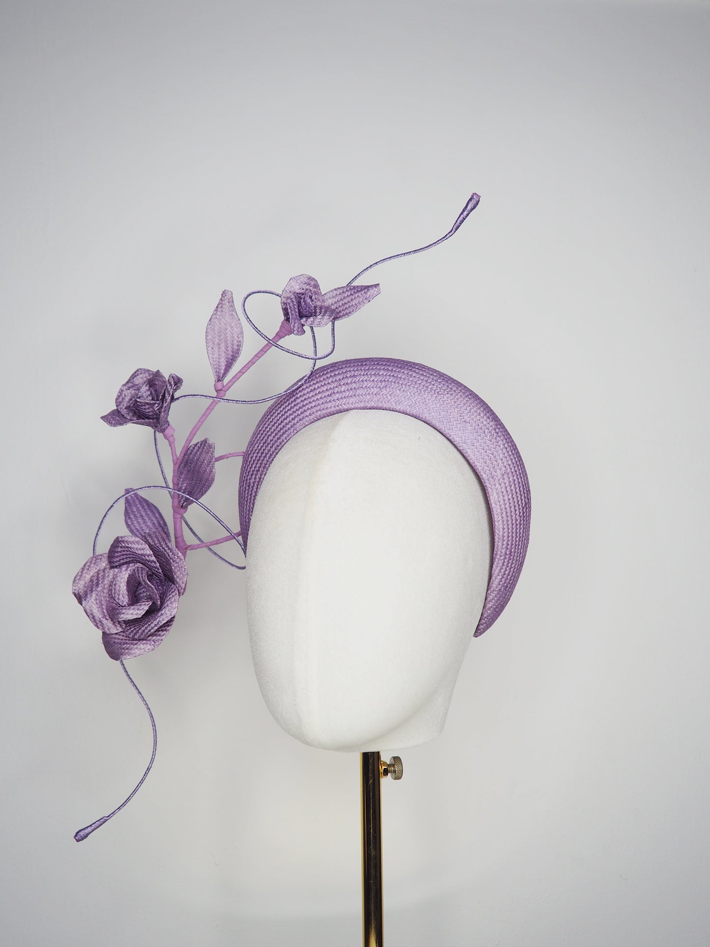Lilac Bloom - A hand-dyed lilac headband blooming with sculptural roses and metallic swirls.