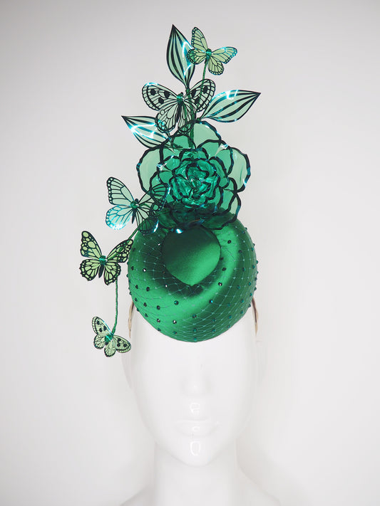 Butterfly Effect - Emerald Green satin embellished pork pie percher with butterflies and rose.