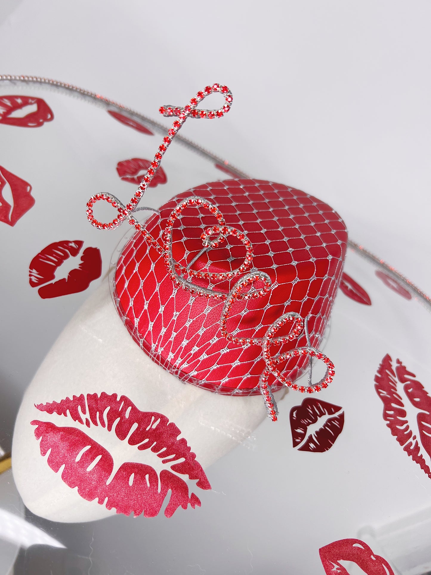 All you need is Love...And Kisses - Asymetric crystoform hat in red and Silver