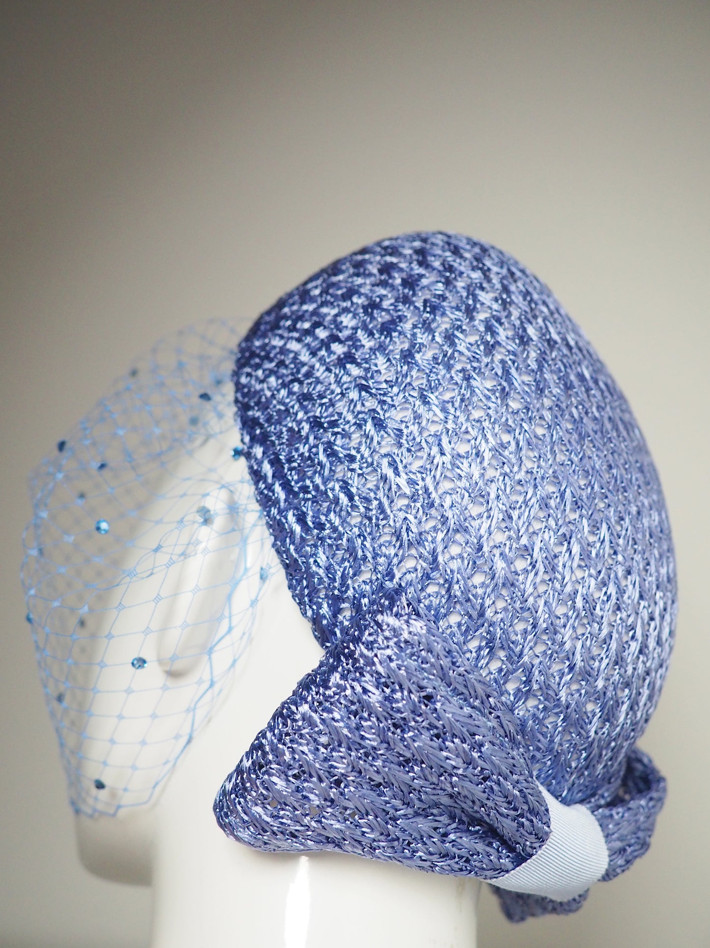 Pretty Little Thing - Periwinkle vintage straw pillbox with bow detail and ceylon sapphire crystal embellished veil