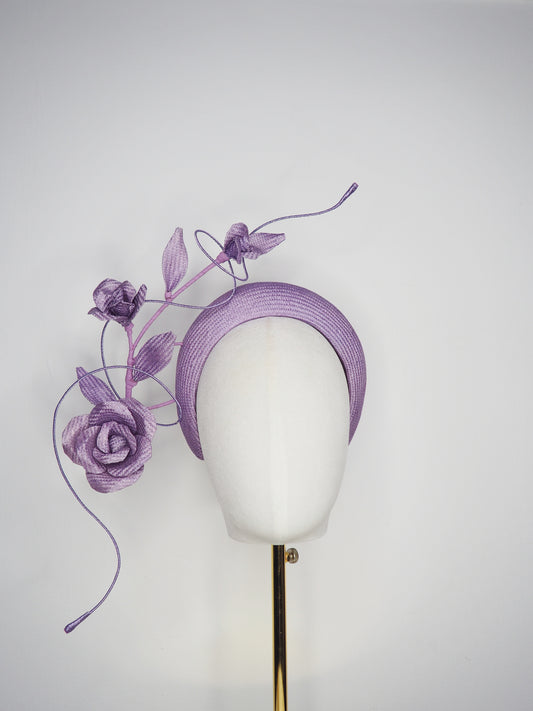 Lilac Bloom - A hand-dyed lilac headband blooming with sculptural roses and metallic swirls.