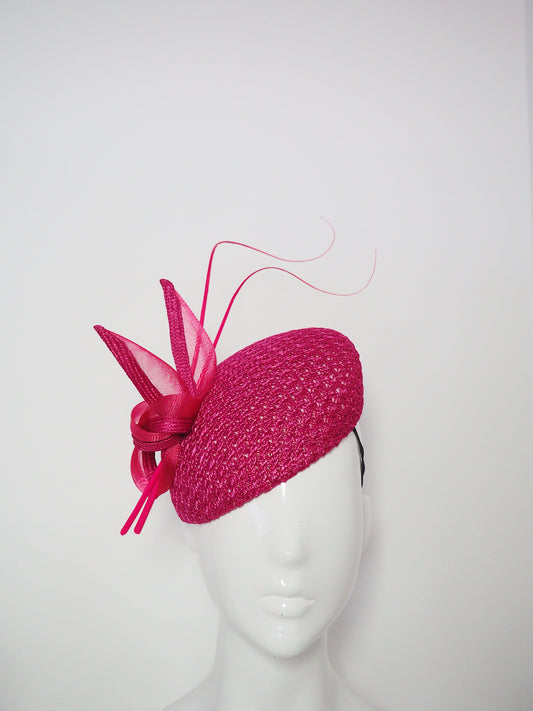 Raspberry Beret - Raspberry pink vintage straw cloth with crinoline and straw knot and quills.