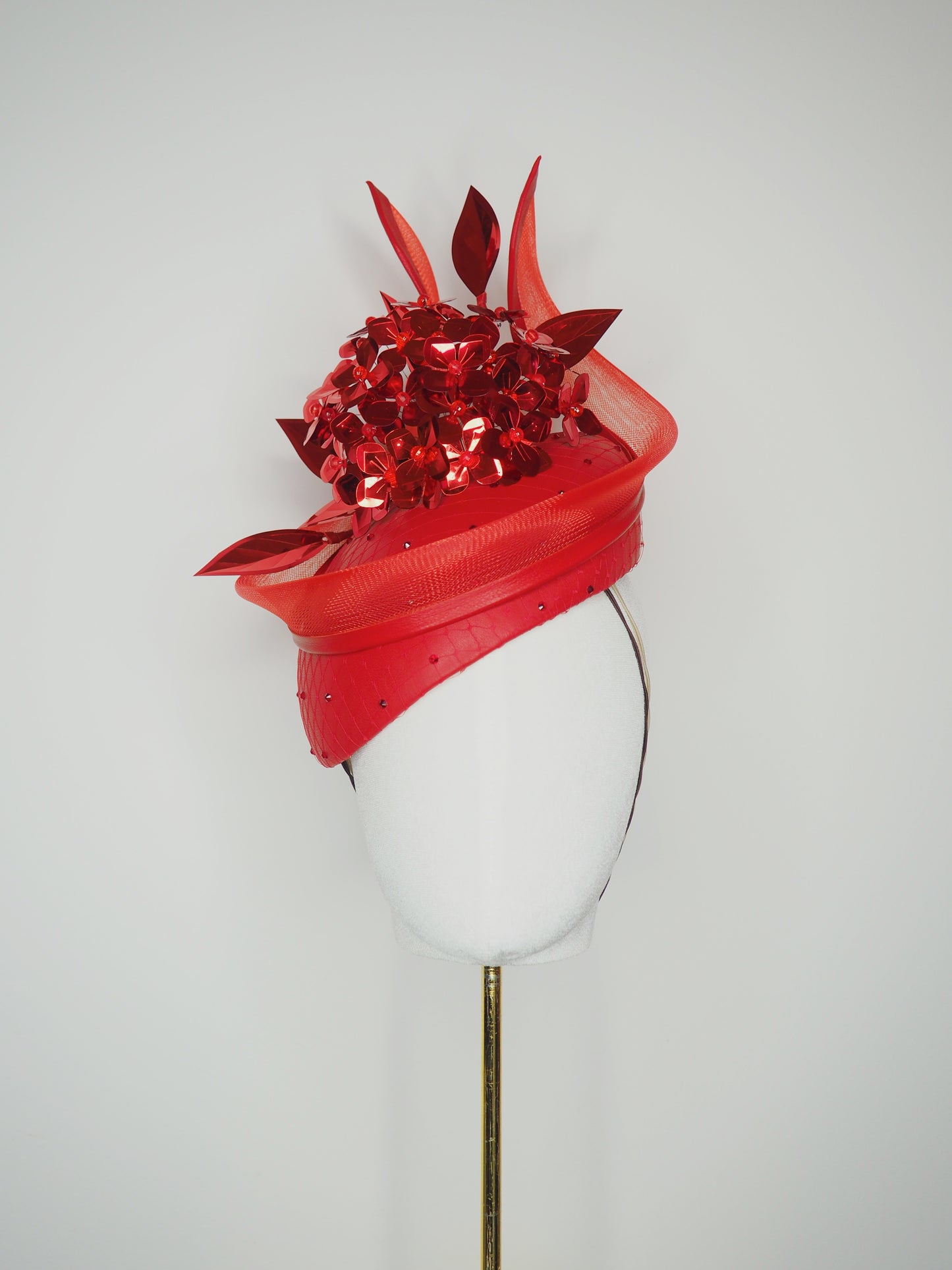 Ready or not - Red leather beret with crystals, crin swirl and metallic hydrangea