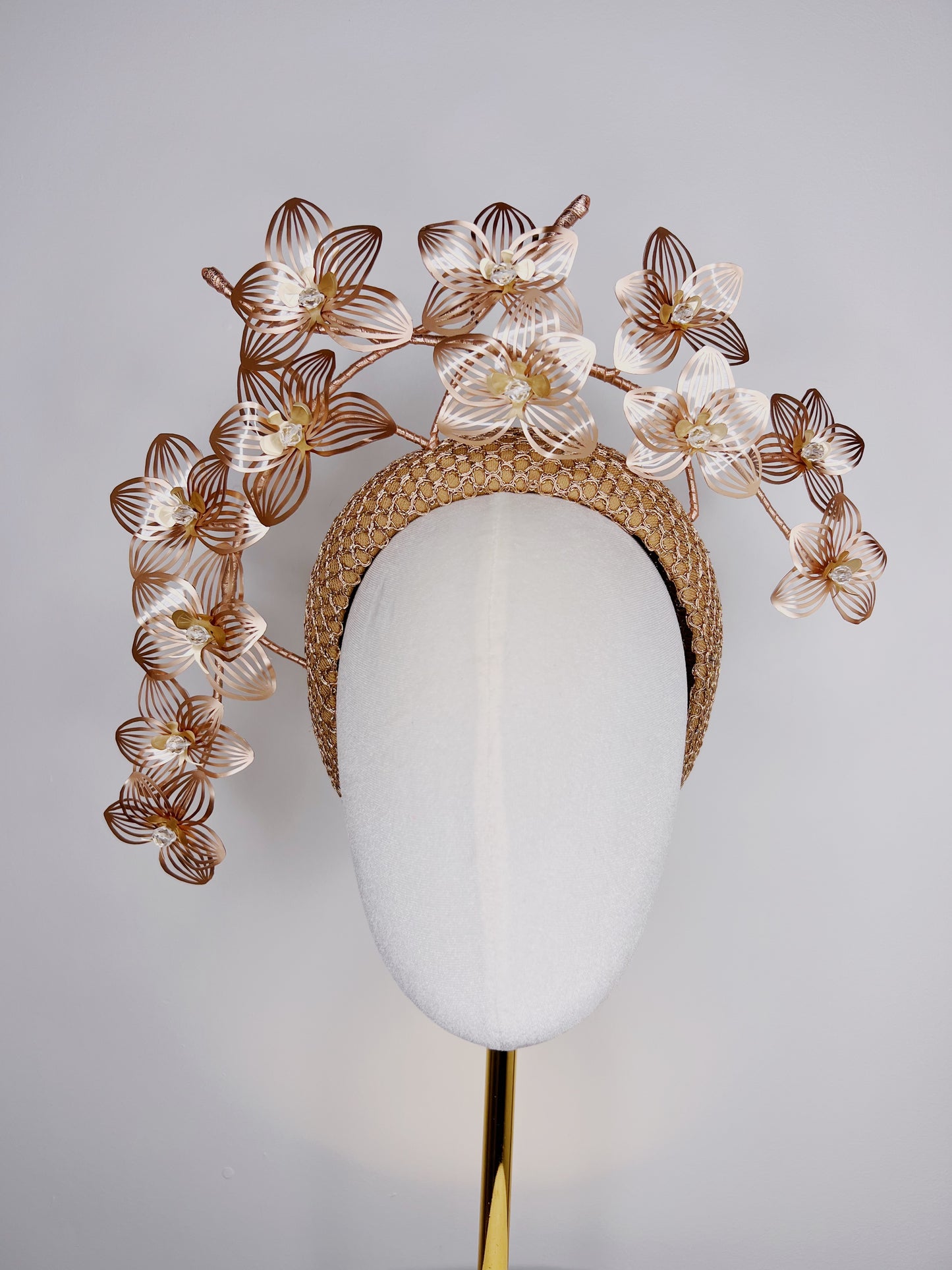 Rose Gold Glory -  Rose gold and gold 3d headband with crystoform orchid cascade