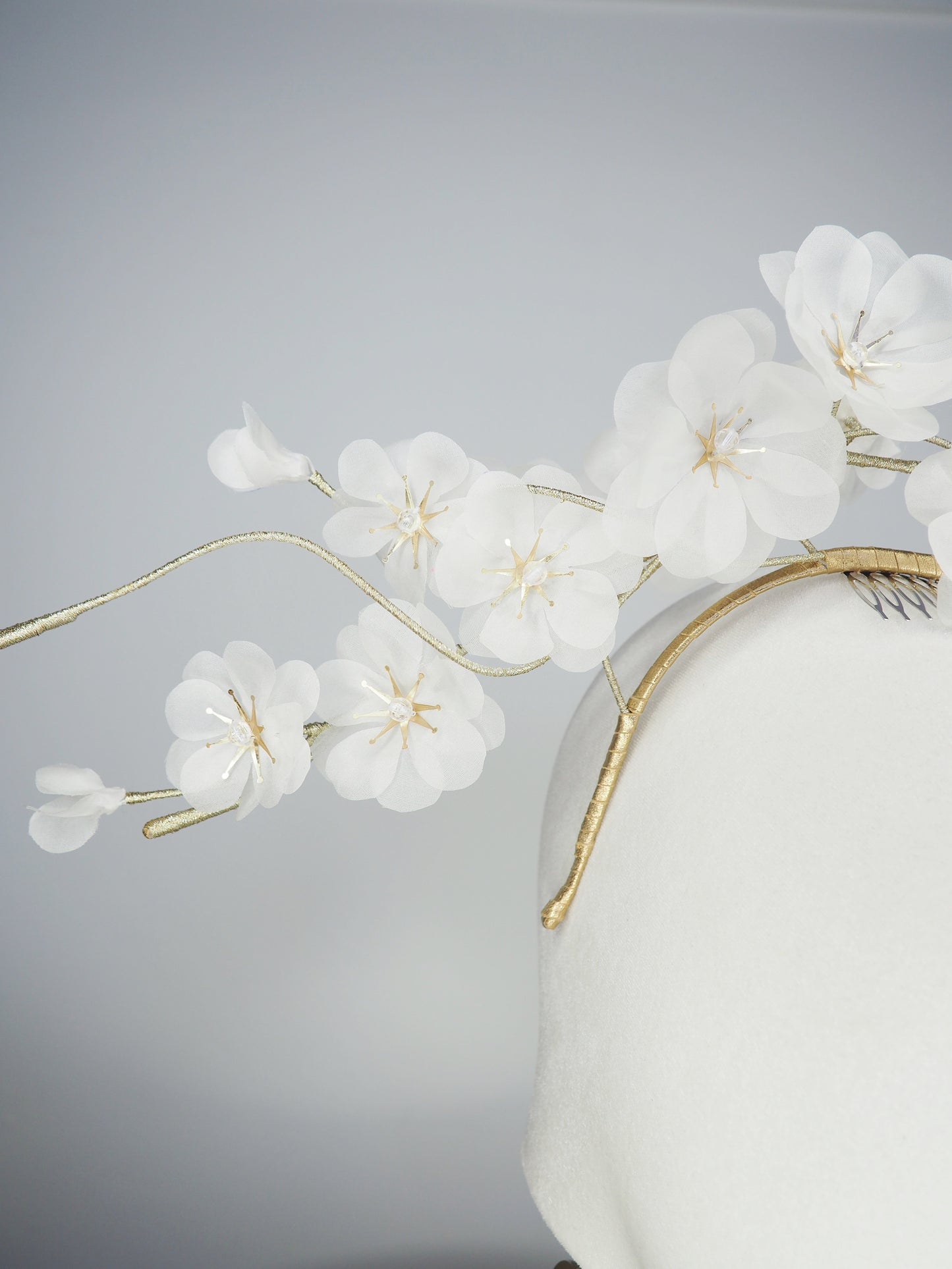 Whispering Blossom - Hand tooled silk floating cherry blossoms and sweeping gold embellished wire swirls