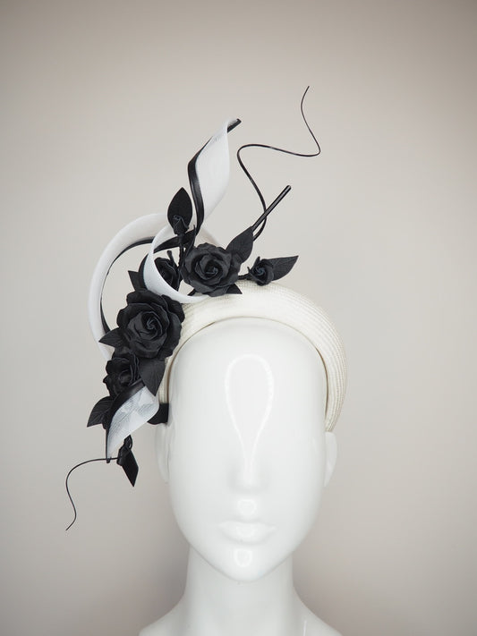 Ace of Spades - White parisisal 3D headband with leather edged crinoline swirl ,black leather flower vine and quill embellishment