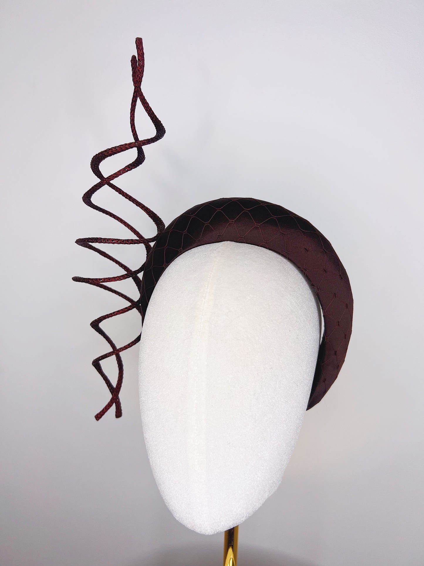Chocolate swirl - Chocolate silk satin 3d headband with wired swirl and veil detail