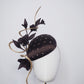 Cocoa Latte - Petite chocolate brown silk facehugger with vintage veil and rose gold crystal detail, sculpted wired swirl, and vintage straw roses