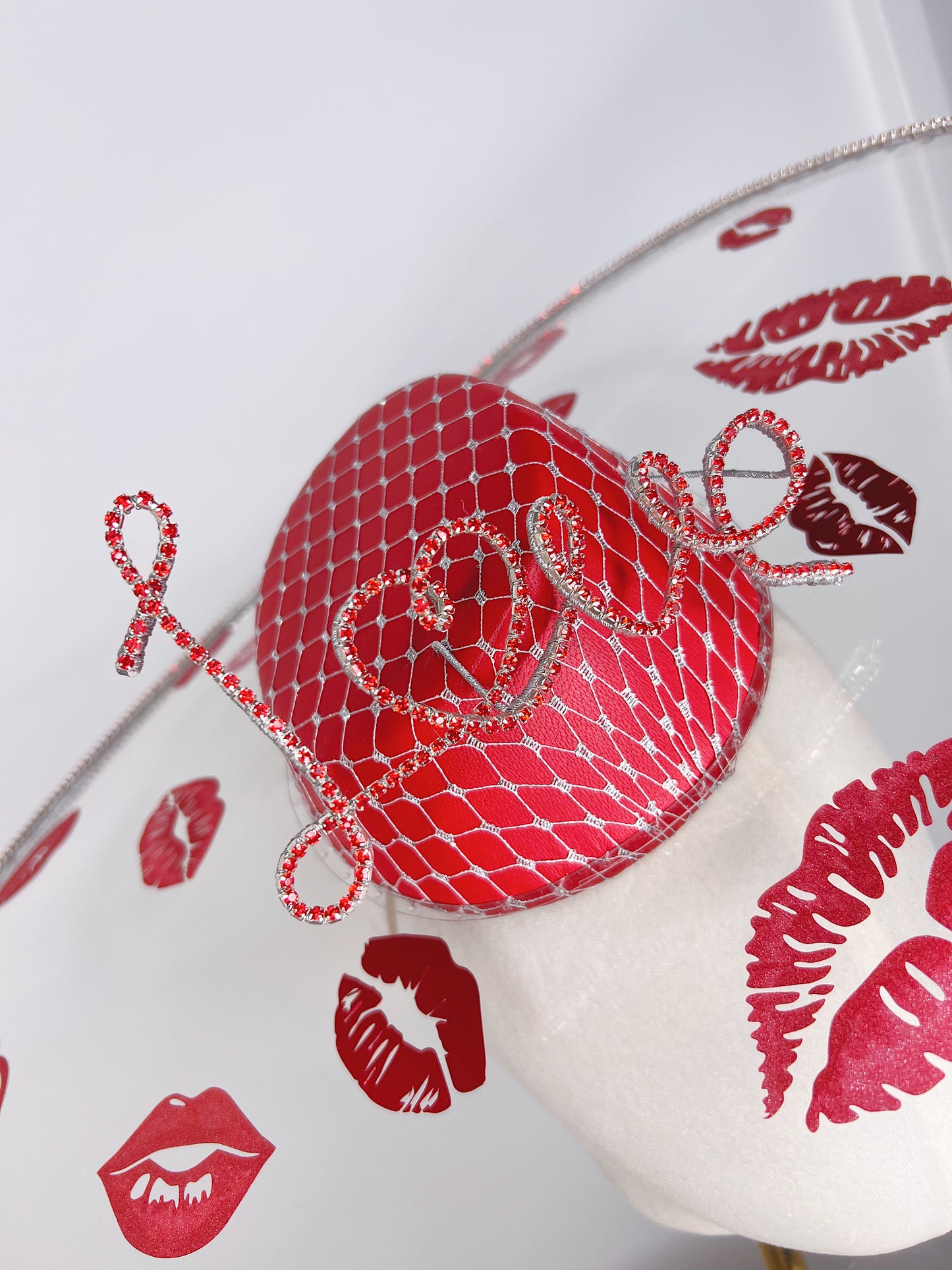 All you need is Love...And Kisses - Asymetric crystoform hat in red and Silver