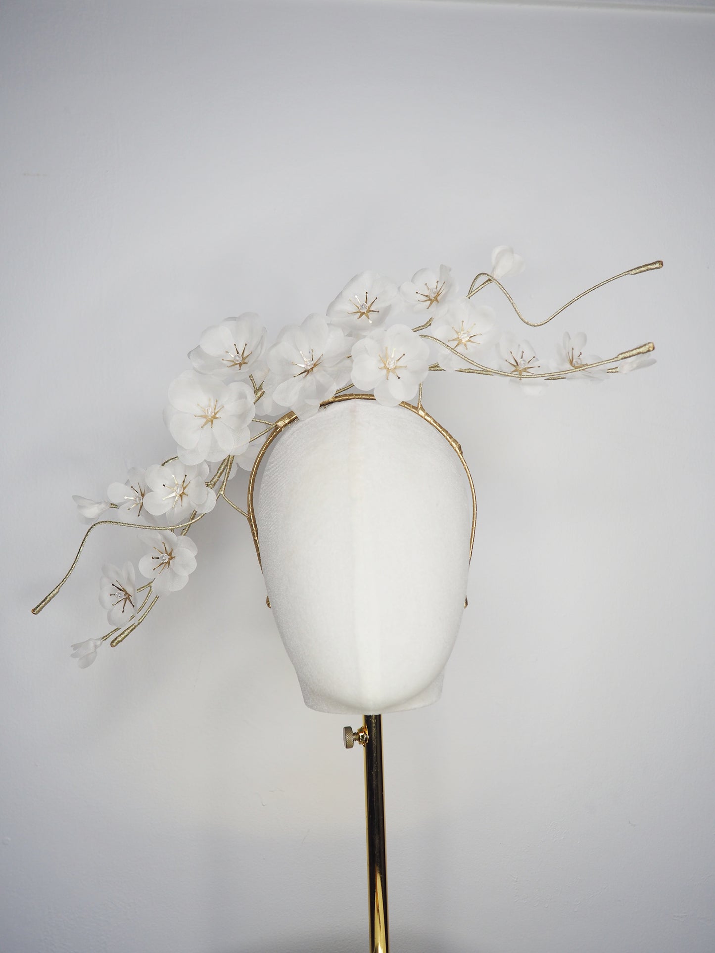 Whispering Blossom - Hand tooled silk floating cherry blossoms and sweeping gold embellished wire swirls