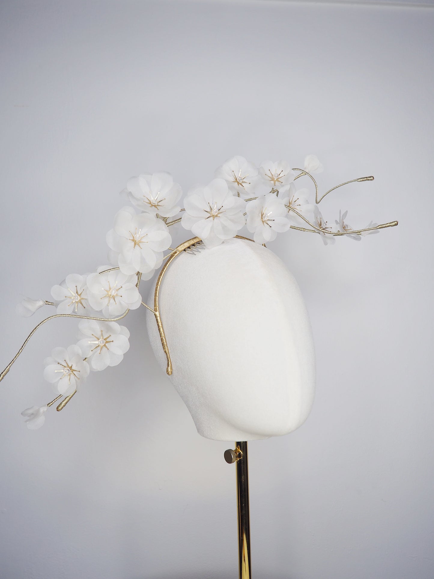 Whispering Blossom - Hand tooled silk floating cherry blossoms and sweeping gold embellished wire swirls