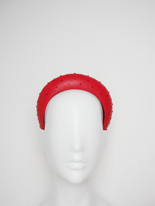 Mia - Sparkle - Red leather 3d blocked headband with veil and crystal detail