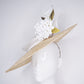 Natural Elegance - Natural knotted straw sloped brim with white hydrangea and gold lurex crinoline straw swirl
